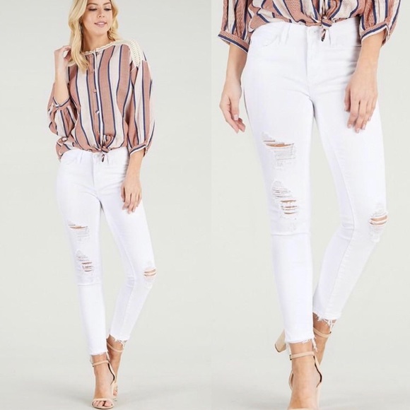 Judy Blue Denim - Judy Blue White Distressed Crop Skinny Jeans